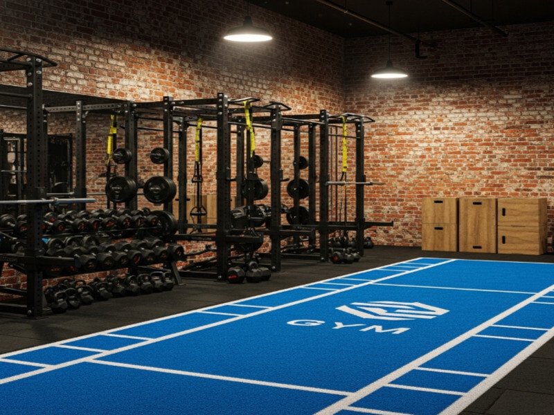 A modern gym with a green indoor turf track for sled pushes and functional training.